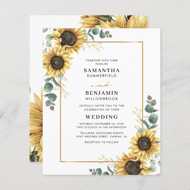 Convite Geométrico para Casamento de Girassol Euca (Frente/Verso)