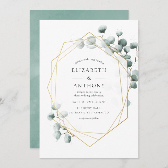 Convite Geométrico para Casamento Eucalyptus com A (Frente/Verso)