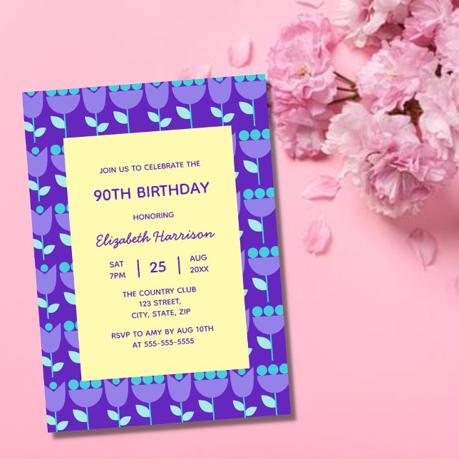 Convite Geométrico Retro Flower Bauhaus Purple Birday (Criador carregado)
