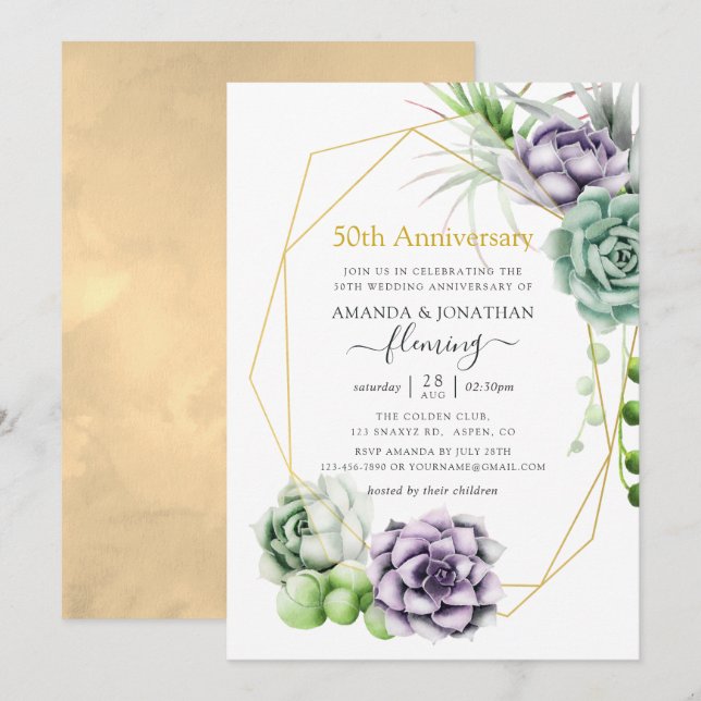 Convite Geométrico Suculento 50º Aniversário de Casamento (Frente/Verso)