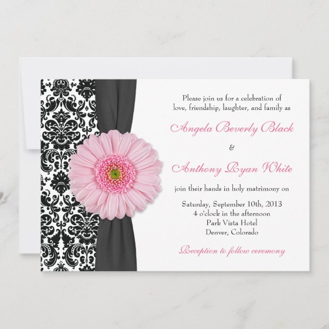 Convite Gerber Daisy Pale Pink Negro Casamento tema damasc (Frente)