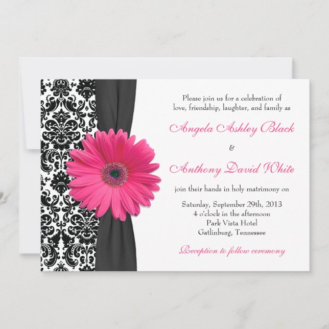 Convite Gerber Daisy Pink Black White Casamento tema damas (Frente)
