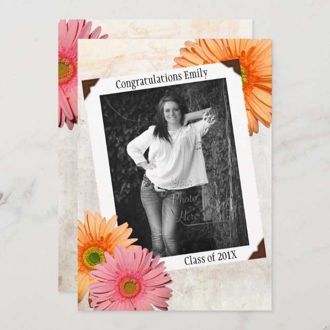Convite Gerbera Daisy Filhas Graduação de Fotos (Frente/Verso)