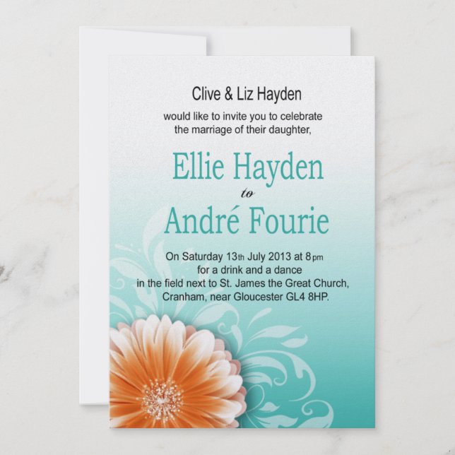 Convite Gerbera Daisy Orange Aqua Noite Apenas (Frente)