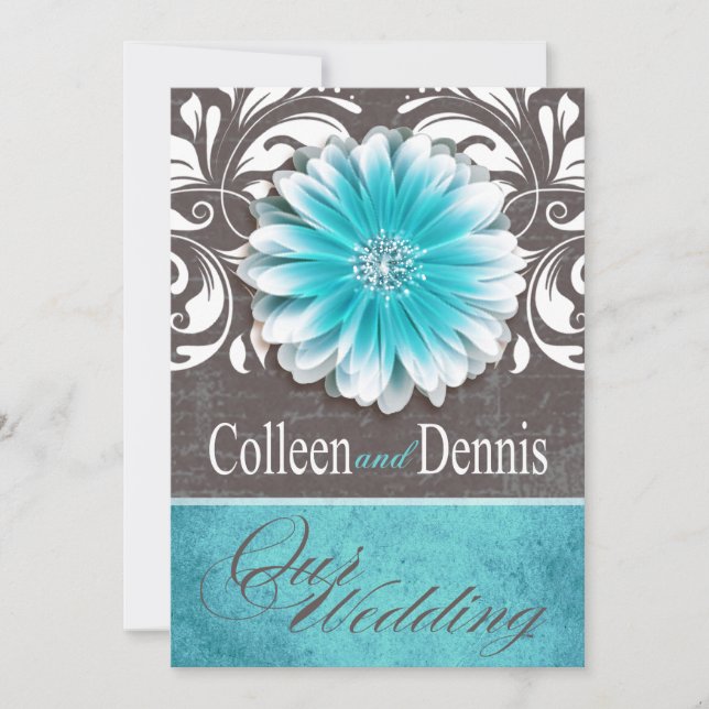 Convite Gerbera Daisy Scroll 1 Chalkboard de teal de casam (Frente)