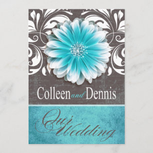 Convite Gerbera Daisy Scroll 1 Chalkboard de teal de casam
