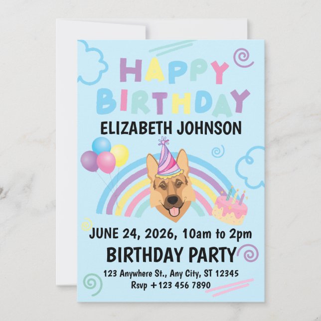 Convite German Shepherd Birthday Party Invitation Blue (Frente)
