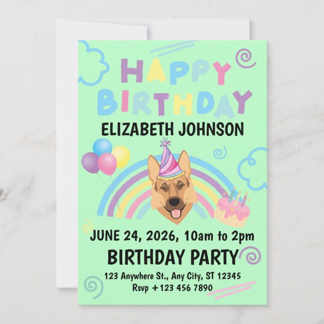 Convite German Shepherd Birthday Party Invitation Green (Frente)