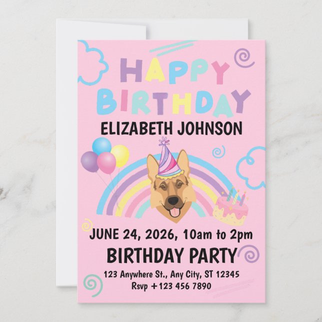 Convite German Shepherd Birthday Party Invitation Pink (Frente)