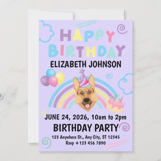 Convite German Shepherd Birthday Party Invitation Purple (Frente)