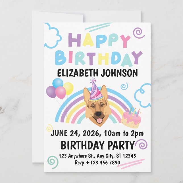 Convite German Shepherd Birthday Party Invitation White (Frente)