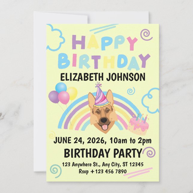 Convite German Shepherd Birthday Party Invitation Yellow (Frente)