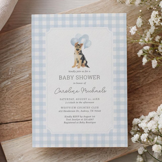 Convite German Shepherd Blue Gingham Baby Shower (Criador carregado)