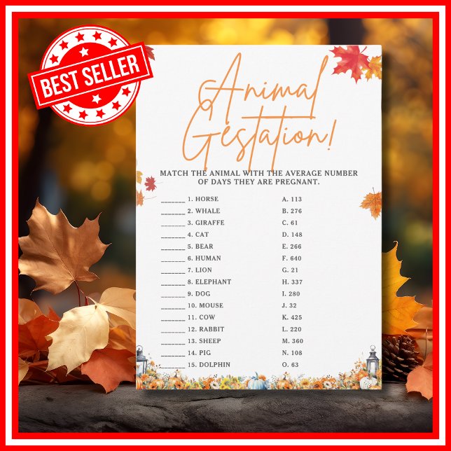 Convite GESTAÇÃO DE ANIMAIS - Chá de fraldas Jogo (ANIMAL GESTATION Easy Baby Shower Game A Little Pumpkin is on the Way Fall Autumn Theme)