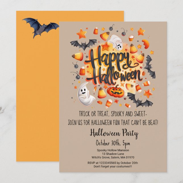 Convite Ghost Bats Trick ou Treine Pumpkin Festa de Hallow (Frente/Verso)
