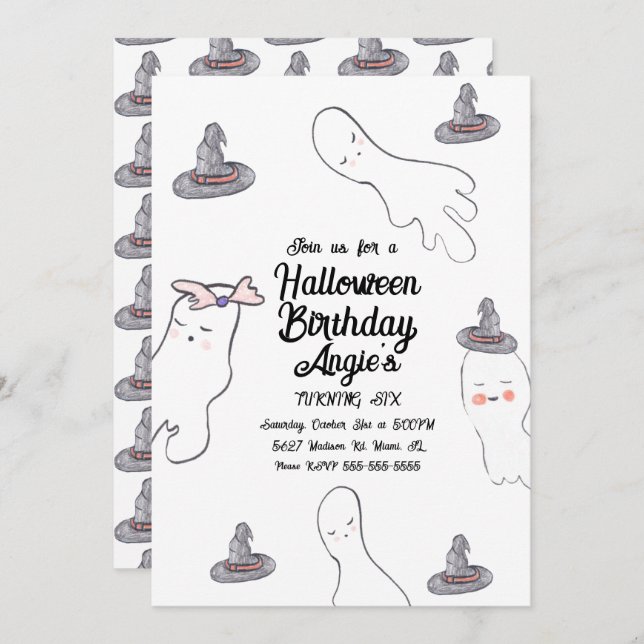 Convite Ghost Doodle Halloween Witthday (Frente/Verso)