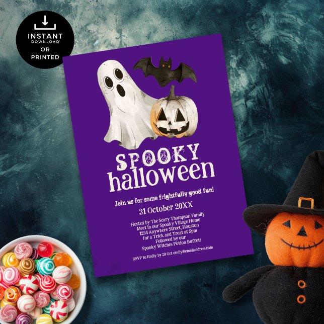 Convite Ghost Pumpkin Bat Spooky Halloween Roxo (Criador carregado)