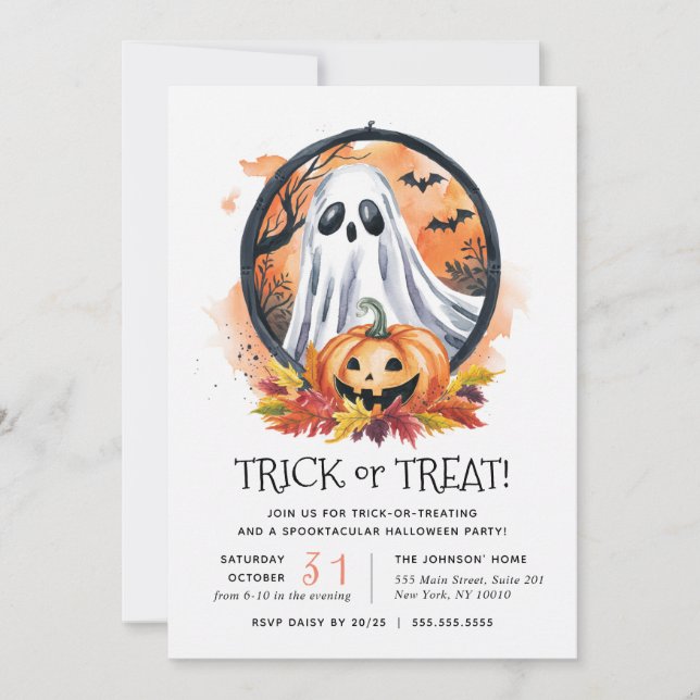Convite Ghost Pumpkin Trick ou Treine o Festa de Halloween (Frente)