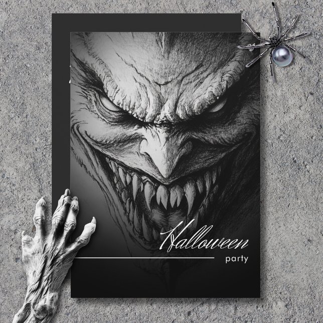 Convite Ghoulish Gargoyle Black & White Halloween Party (Ghoulish Gargoyle Black & White Halloween Party Invitation)