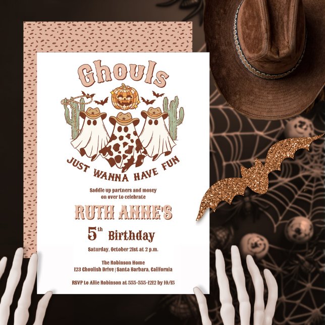 Convite Ghouls Quer Divertir-Se Na Festa de aniversário De ("Ghouls Just Wanna Have Fun" girl's western Halloween-themed birthday party.  Edit for any age.)