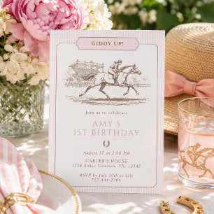 Convite Giddy Up Horse Racing 1º Aniversário Rosa Préppy