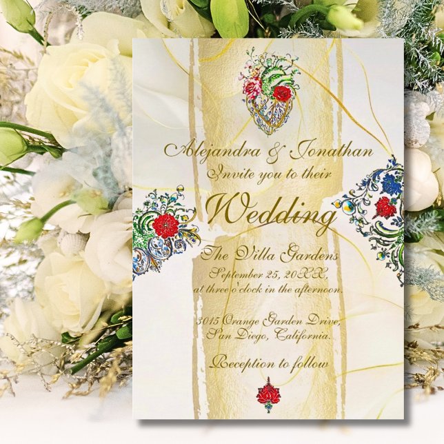 Convite Gilded Baroque Sacred Heart Mexican Wedding (Elegant Baroque sacred heart wedding invitation with gilded details and hand-painted floral motifs.)
