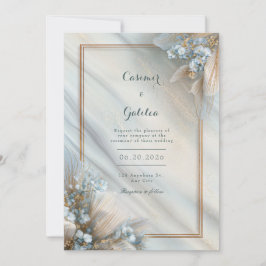 Convite Gilded Blue Floral Cream Fluid Marble Wedding