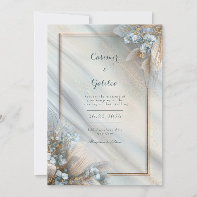 Convite Gilded Blue Floral Cream Fluid Marble Wedding (Frente)