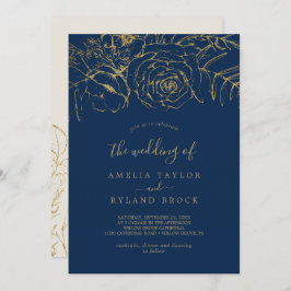 Convite Gilded Floral | Azul Marinho e Dourado Casamento d