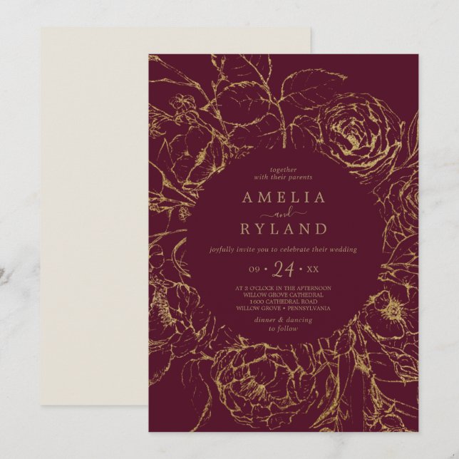 Convite Gilded Floral | Casamento informal e Dourado (Frente/Verso)