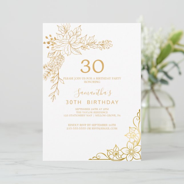 Convite Gilded Floral | Creme e aniversário de 30 anos Dou (Em pé/Frente)