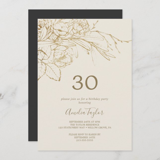 Convite Gilded Floral | Creme e aniversário de 30 anos Dou (Frente/Verso)
