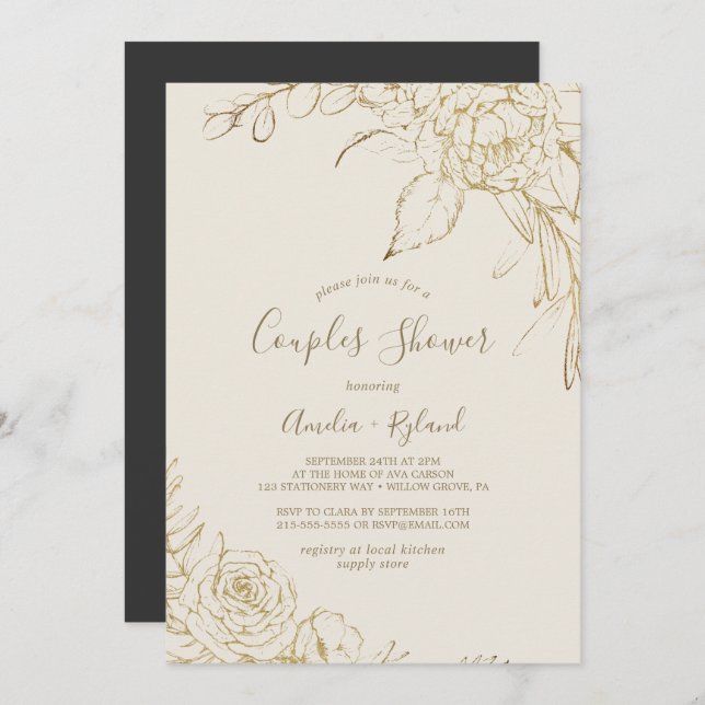 Convite Gilded Floral | Creme e Casais Dourados (Frente/Verso)