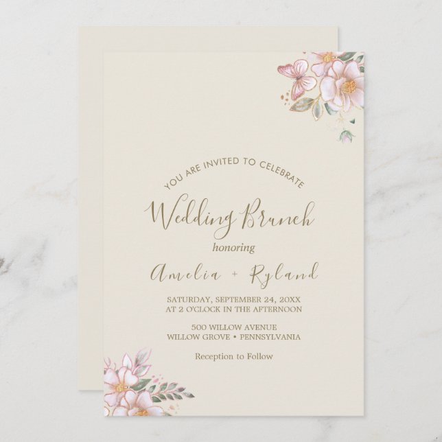 Convite Gilded Floral | Creme e Dourado Brunch (Frente/Verso)