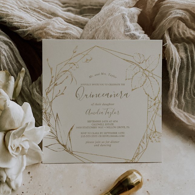 Convite Gilded Floral | Creme e Quinceañera Dourada (Criador carregado)