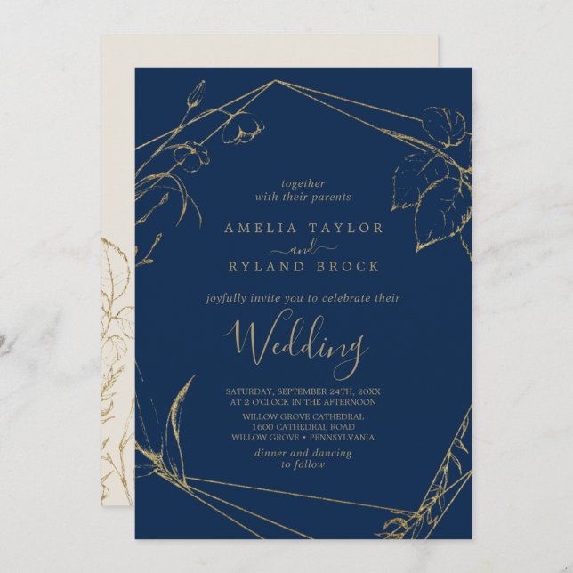 Convite Gilded Floral | Marinho Azul e Casamento Dourado (Frente/Verso)