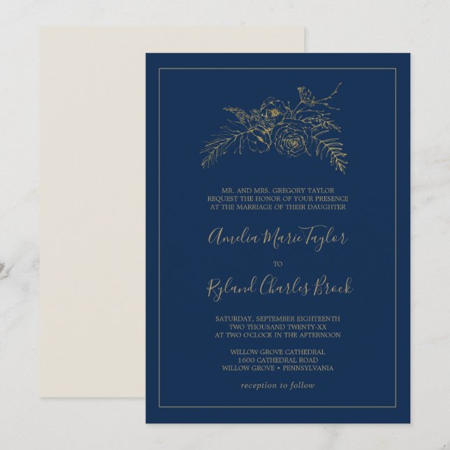 Convite Gilded Floral | Marinho Azul e Dourado Casamento F (Frente/Verso)