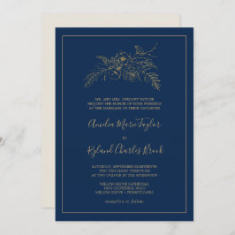 Convite Gilded Floral | Marinho Azul e Dourado Casamento F