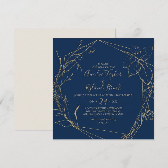 Convite Gilded Floral | Marinho Blue & Dourado Casamento G (Frente/Verso)