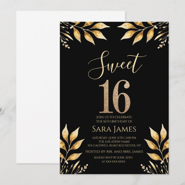 Convite Gilded Glitz Sweet 16 (Frente/Verso)