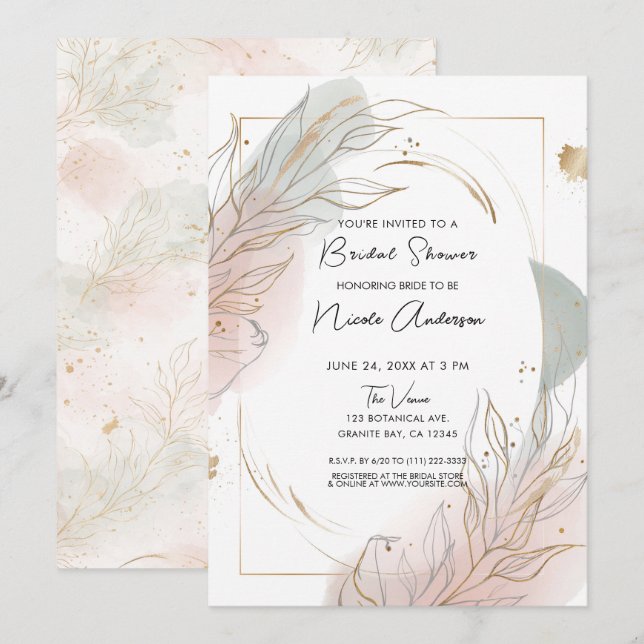 Convite Gilded Gold Sage & Blush Botanical Bridal Shower (Frente/Verso)