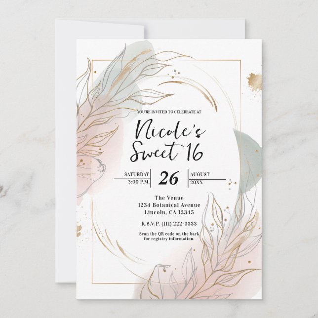 Convite Gilded Gold Sage & Blush Botanical Sweet 16 (Frente)