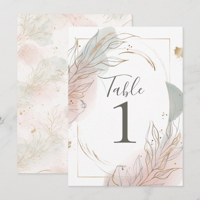 Convite Gilded Gold Sage & Blush Botanical Table Number (Frente/Verso)