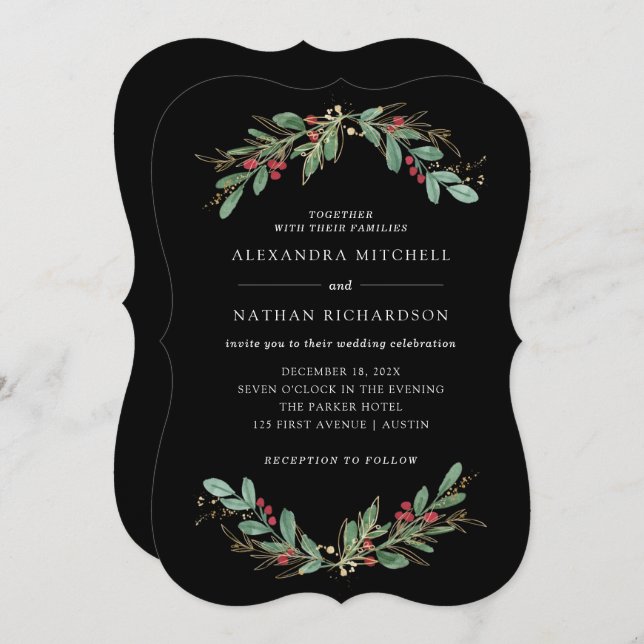 Convite Gilded Greenery Black | Casamento de Natal (Frente/Verso)