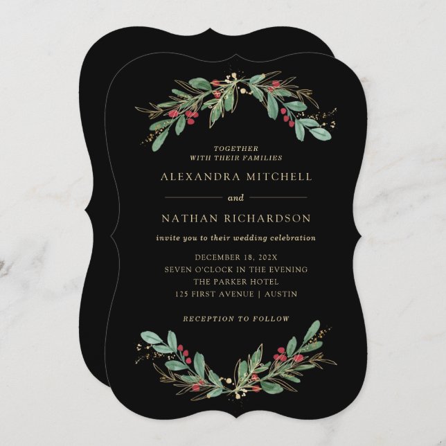 Convite Gilded Greenery Black | Casamento de Natal (Frente/Verso)