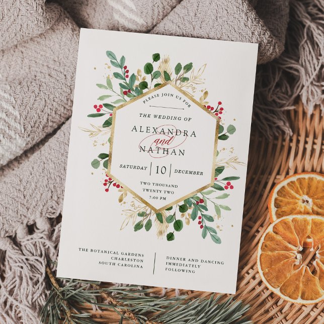 Convite Gilded Greenery em Branco | Casamento de Natal (Criador carregado)