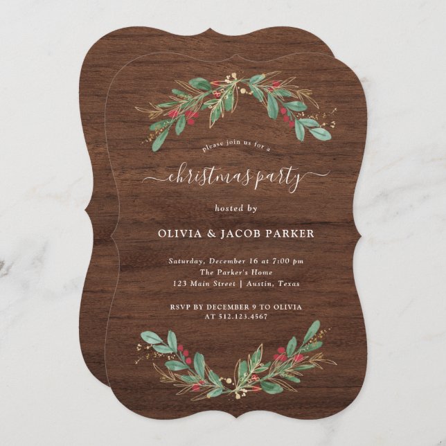 Convite Gilded Greenery Rustic Christmas ou Holiday Party (Frente/Verso)
