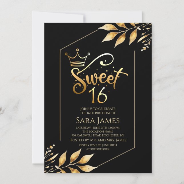 Convite Gilded Majesty Black & Gold Sweet 16 Invitation (Frente)