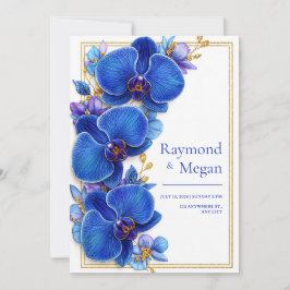 Convite Gilded Royal Blue Orchid Botanical Wedding
