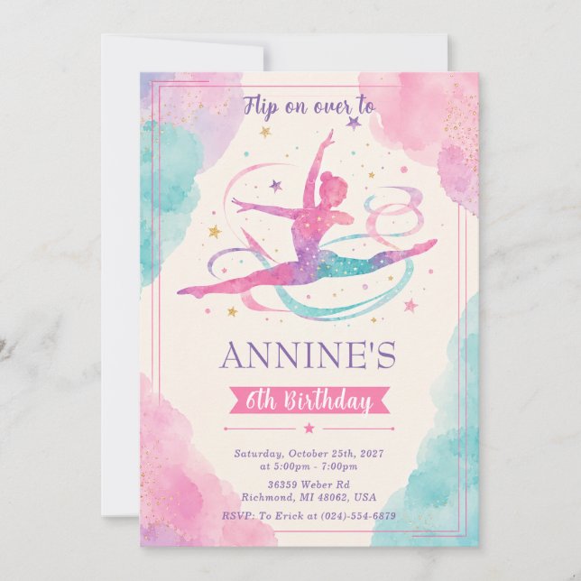 Convite Ginástica de Cores em Aquarela Personalizada de An (Frente)